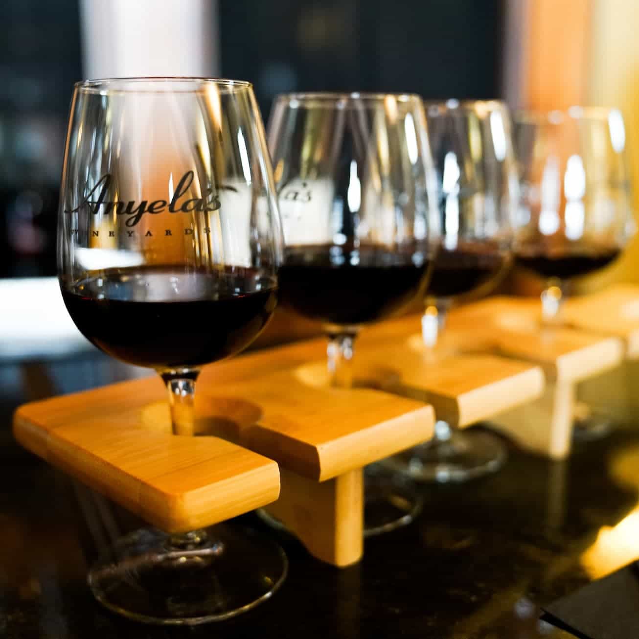 Wine glasses arranged in a tasting flight at Anyela’s Vineyards near Skaneateles, New York.